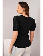 Dámská bavlněná žebrovaná halenka s nabíraným rukávem a knoflíčky černá