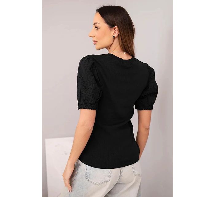 Dámská bavlněná žebrovaná halenka s nabíraným rukávem a knoflíčky černá