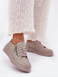 Kožené Sportovní Boty Tenisky Na Platformě Se Zipem model 21691885 Tmavě Béžové - VINCEZA