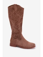 Dámské perforované kozačky na plochém podpatku S.Barski HY61-8023 Hnědé