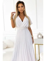 585-1 Plisowana letnia sukienka midi z dekoltem i szerokim paskiem - ECRU 585-1 Plisowana letnia sukienka midi z dekoltem i szerokim paskiem - ECRU