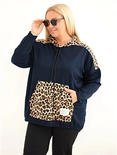 Dámská mikina Plus Size z viskózy s kapucí a leopardími vsadkami granátová