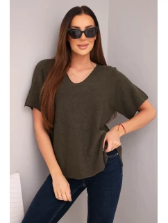 Dámská svetr s krátkým rukávem a výstřihem do V khaki