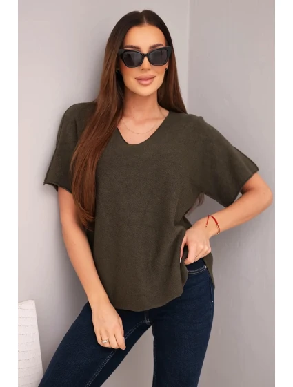 Dámská svetr s krátkým rukávem a výstřihem do V khaki