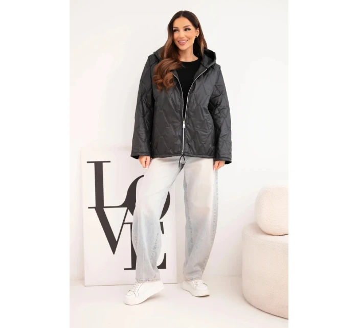 Dámská jarní prošívaná bunda s kapucí a zipem černá