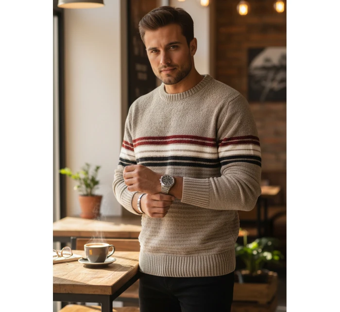 Pánský pruhovaný svetr světle hnědý FashionStreet WX2282 Pánský pruhovaný svetr světle hnědý FashionStreet WX2282