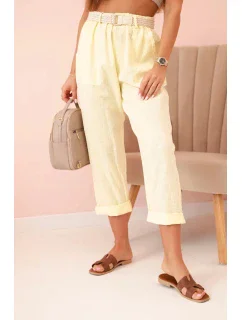 Dámské lněné kalhoty s bavlnou a páskem - žluté