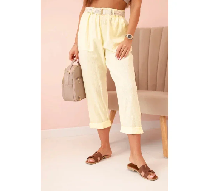 Dámské lněné kalhoty s bavlnou a páskem - žluté