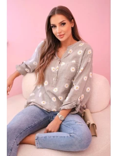 Lněná dámská halenka s květinovým vzorem, dlouhými rukávy a knoflíky kapučíno