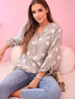 Lněná dámská halenka s květinovým vzorem, dlouhými rukávy a knoflíky kapučíno