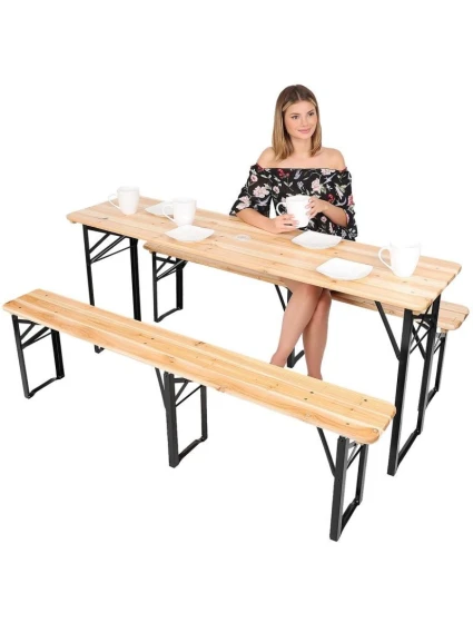 PIKNIKOVÝ BAROVÝ SET DŘEVĚNÝ STŮL A 2 LAVICE