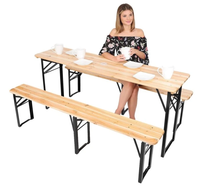 PIKNIKOVÝ BAROVÝ SET DŘEVĚNÝ STŮL A 2 LAVICE