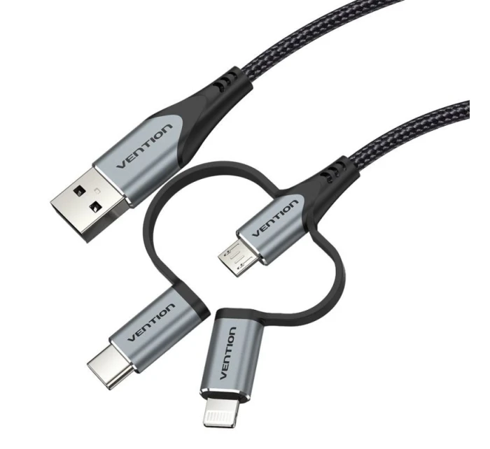Vention USB-A 3v1 Micro-B USB-C Lightning kabel 1m šedý
