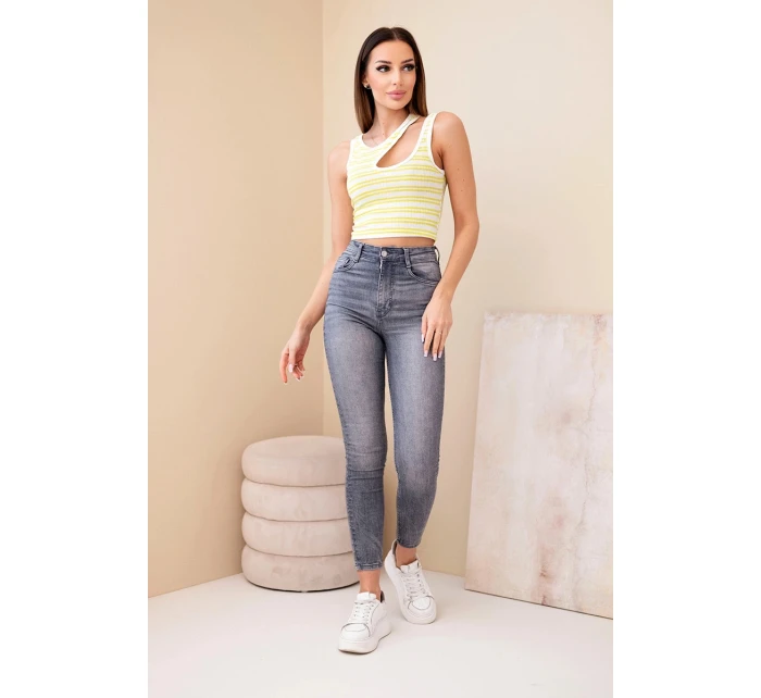 Dámský žebrovaný pruhovaný top bez rukávů s výstřihem zelená