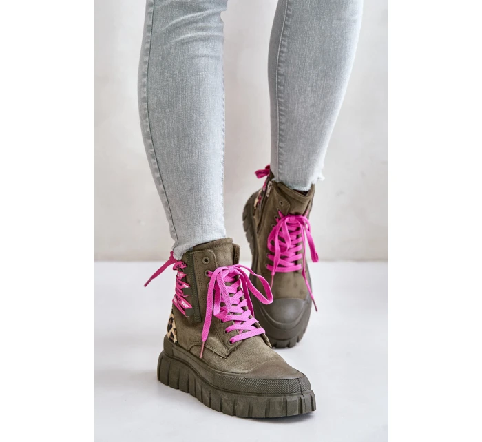 Dámské botky na platformě s ozdobným šněrováním leopardí zelené model 21673085 - EVENTO