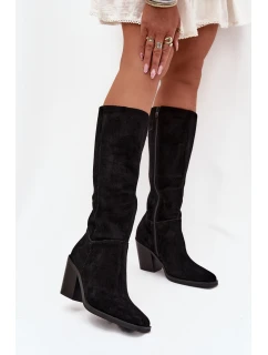 Semišové Kozačky Na Podpatku Se Zipem Černé model 21705064 - Boto