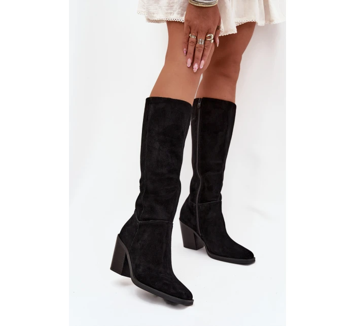 Semišové Kozačky Na Podpatku Se Zipem Černé model 21705064 - Boto