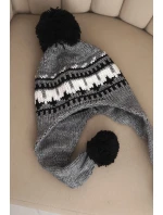 Dámská zimní čepice vlněná s ušima a bambulkami K436 tmavě šedá