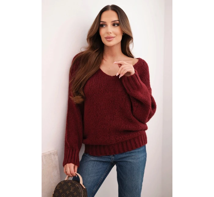 Dámský svetr z měkké pleteniny s výstřihem do V bordový