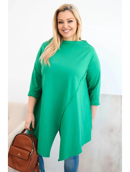 Dámská bavlněná blůza Plus Size asymetrická s ohrnutým rukávem zelená