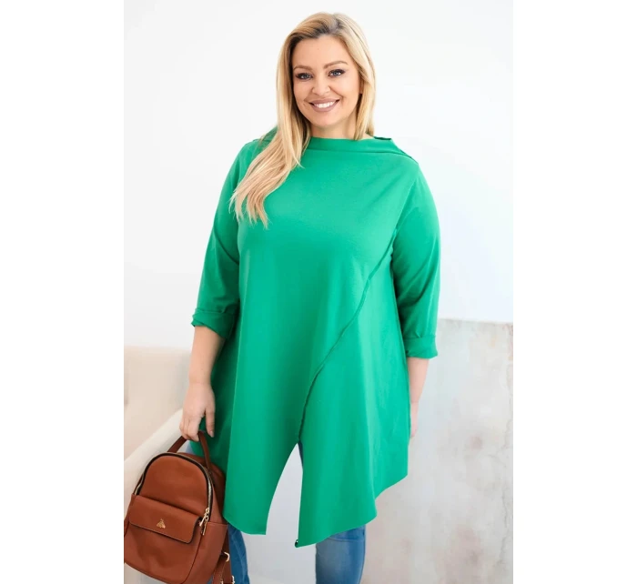 Dámská bavlněná blůza Plus Size asymetrická s ohrnutým rukávem zelená