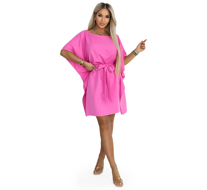 287-42 SOFIA Růžové motýlí šaty se zavazováním v pase - světle fuchsiová barva