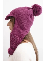Dámská zimní čepice s vlnou s kšiltem a bambulemi K475 tmavě fialová