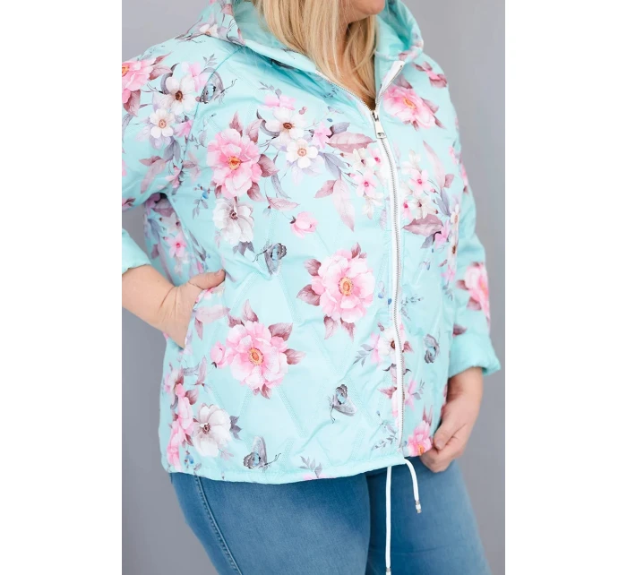 Dámská jarní prošívaná bunda Plus Size s kapucí a květinovým vzorem mátová