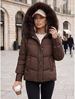 Dámská prošívaná bunda s kožešinovou kapucí, hnědá, FashionStreet TY5894