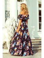 Dlouhé dámské černé šaty s barevnými květy a španělským výstřihem model 7118058