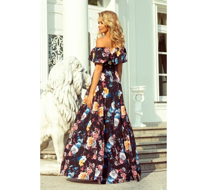 Dlouhé dámské černé šaty s barevnými květy a španělským výstřihem model 7118058