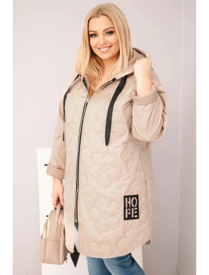 Dámská bunda Plus Size prošívaná s kapucí a nápisem HOPE tmavě béžová