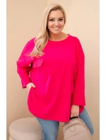 Dámská blůza Plus Size s bavlnou, kapsou a ohrnovaným rukávem fuchsie