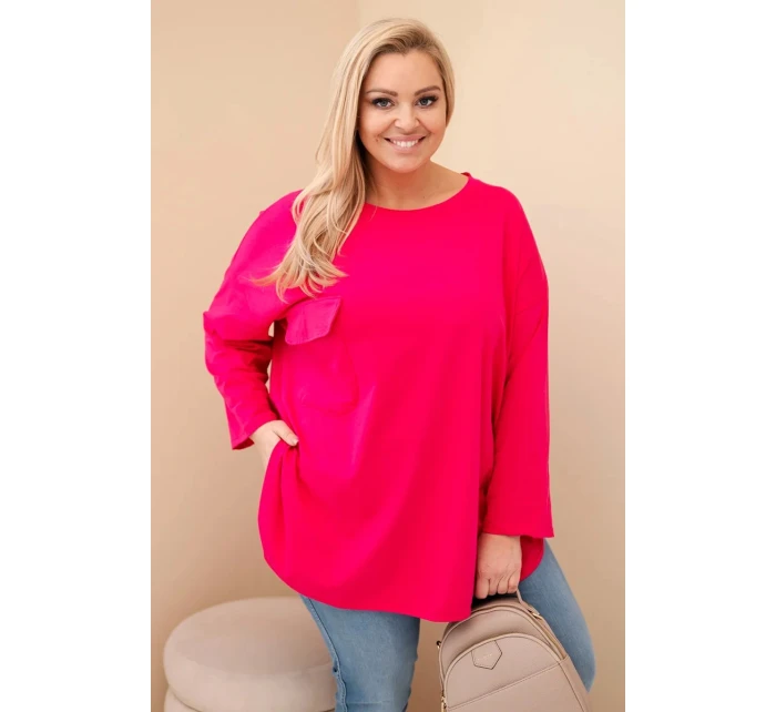 Dámská blůza Plus Size s bavlnou, kapsou a ohrnovaným rukávem fuchsie
