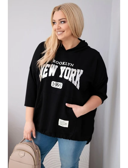 Dámská mikina Plus Size z viskózy s kapucí a klokaní kapsou černá Dámská mikina Plus Size z viskózy s kapucí a klokaní kapsou černá