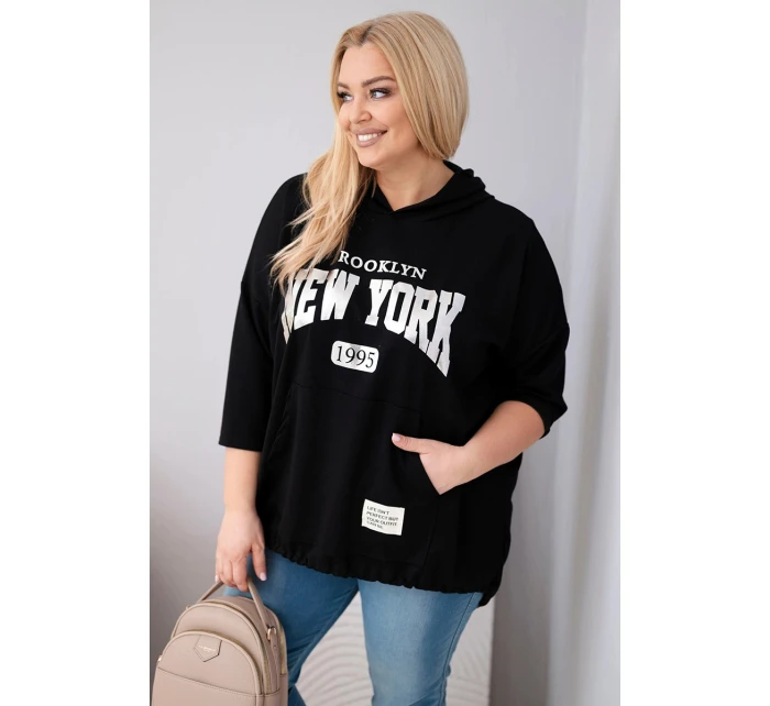 Dámská mikina Plus Size z viskózy s kapucí a klokaní kapsou černá Dámská mikina Plus Size z viskózy s kapucí a klokaní kapsou černá