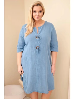 Dámské bavlněné šaty Plus Size s vázáním u výstřihu džínové