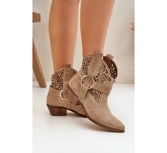 Semišové Boty Cowboy S Výřezem Na Podpatku Béžové Zazoo 2994