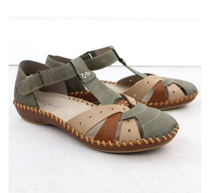 Sandały damskie komfortowe na rzepy zabudowane palce zielone Rieker M1655-54