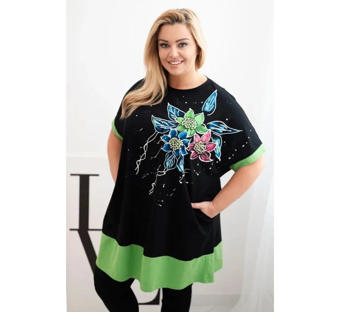 Dámská tunika Plus Size s květinovým vzorem a ozdobnými perličkami zelená