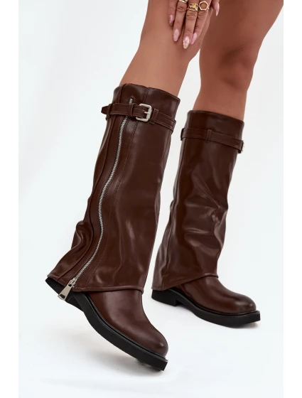 Dámské kozačky s  lemem s přezkou a zipem hnědé model 21711807 - Boto