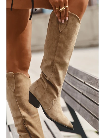 Oceplené cowboy boty na podpatku z eko semiše béžové Jovianne