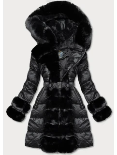 Černá dámská zimní bunda s ozdobnou kožešinou (7729)
