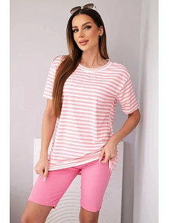 Dámský viskózový pruhovaný komplet s krátkým rukávem a kraťasy světle růžový