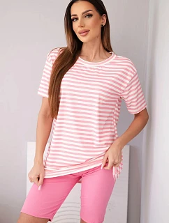Dámský viskózový pruhovaný komplet s krátkým rukávem a kraťasy světle růžový