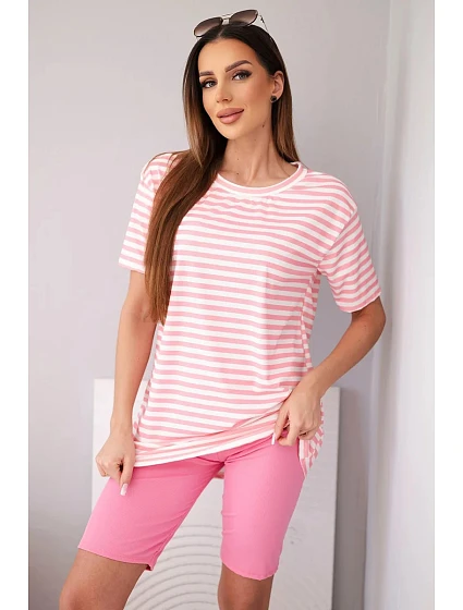 Dámský viskózový pruhovaný komplet s krátkým rukávem a kraťasy světle růžový Dámský viskózový pruhovaný komplet s krátkým rukávem a kraťasy světle růžový