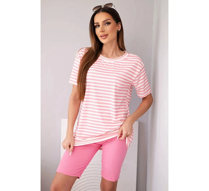 Dámský viskózový pruhovaný komplet s krátkým rukávem a kraťasy světle růžový Dámský viskózový pruhovaný komplet s krátkým rukávem a kraťasy světle růžový