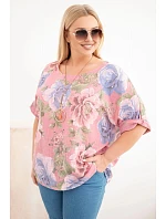 Dámská bavlněná halenka Plus Size s krátkým rukávem a květinovým vzorem tmavě růžová