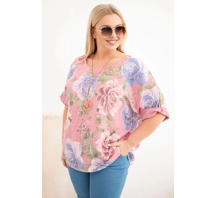 Dámská bavlněná halenka Plus Size s krátkým rukávem a květinovým vzorem tmavě růžová