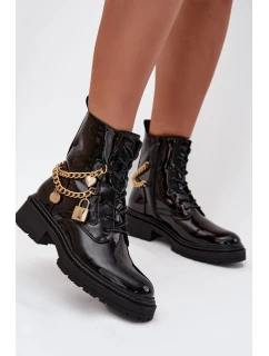 Lakované Botky Worker Se Zlatým Zateplené Černé model 21706803 - Boto